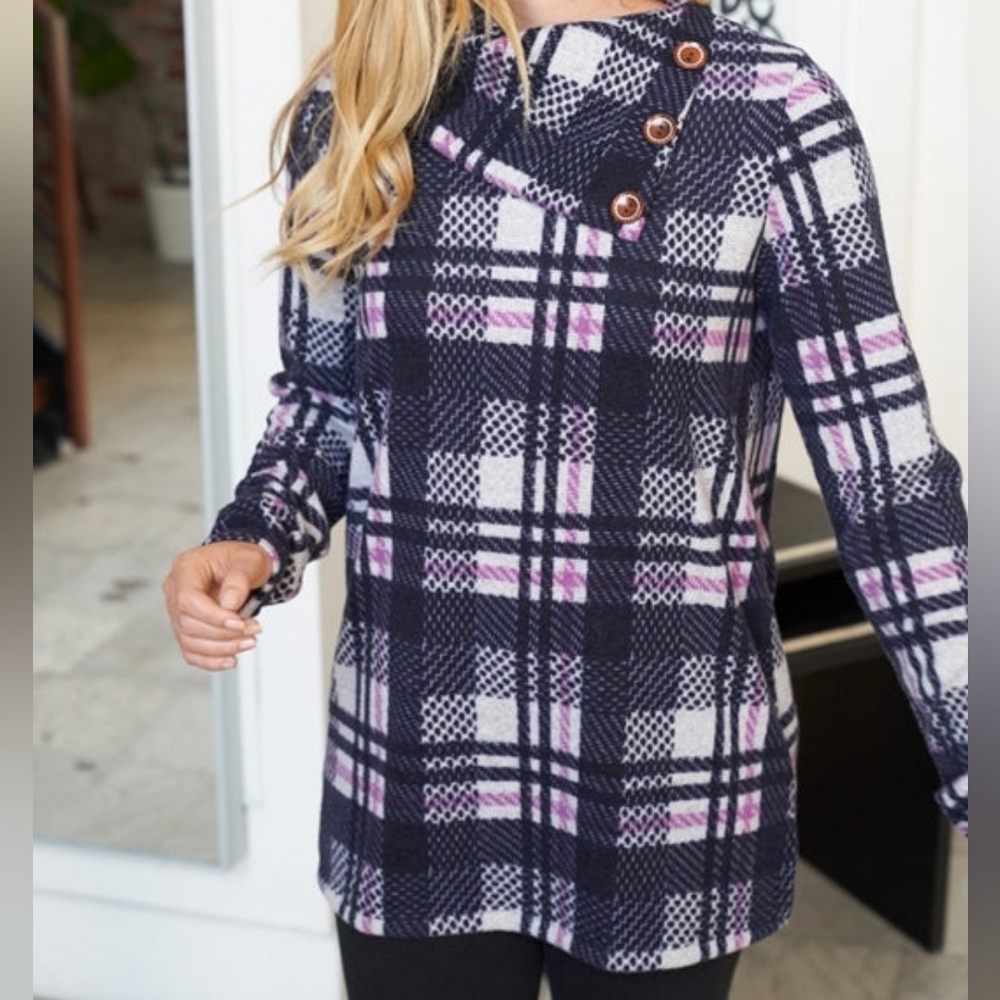 WHITE BIRCH Purple Black‎ Academia Plaid Button-Up Oversized Pullover Mature 2X